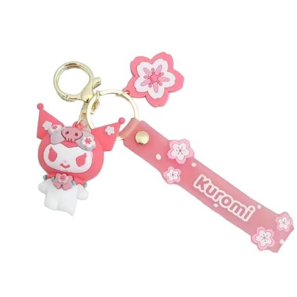 Hello Kitty Villain KUROMI WRISTBAND KEYCHAIN Key Ring Clip Bag Fob Flower Charm - Picture 4 of 8